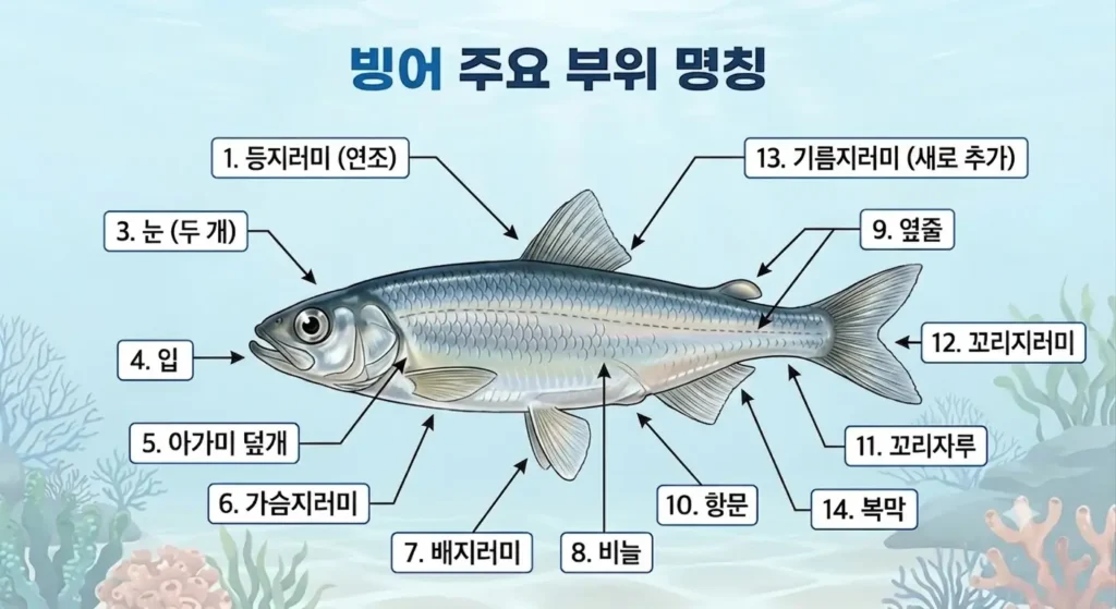 물속 배경에 그려진 빙어의 주요 부위 명칭도. 등지러미, 기름지러미, 눈, 입, 아가미 덮개, 가슴지러미, 배지러미, 비늘, 옆줄, 항문, 복막, 꼬리자루, 꼬리지러미 등 총 14가지 부위가 번호표와 지시선으로 상세히 설명되어 있는 인포그래픽 이미지.
