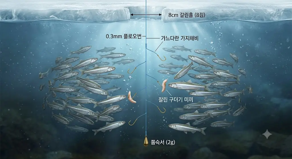 얼음 구멍 아래 푸른 수중에서 은빛 빙어 무리가 군집을 이루며 헤엄치는 모습을 묘사한 3D 그래픽 단면도. 수면 아래로 수직으로 내려간 가느다란 다단 가지채비(0.3mm 플로오로카본 라인)와 바늘에 꿰어진 잘린 구더기 미끼, 그리고 맨 아래에 달린 2g 봉돌이 한글 라벨 설명과 함께 직관적으로 표현되어 있습니다.