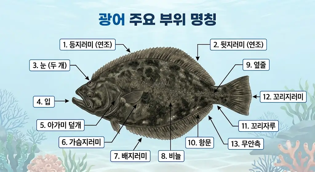 광어 넙치의 한쪽에 몰린 두 개의 눈, 아가미, 지러미, 무안측 등 주요 부위를 번호표로 표기한 모래 바닥 배경의 생태 일러스트.