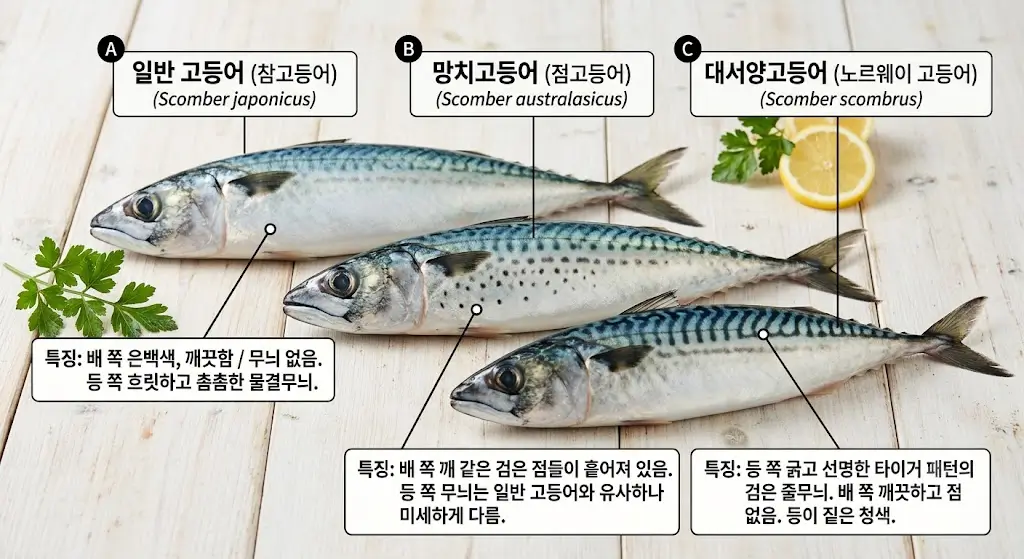 한국의 대표 고등어 3종인 참고등어, 망치고등어, 대서양(노르웨이) 고등어의 외관 특징과 구별 방법을 비교한 인포그래픽 이미지.