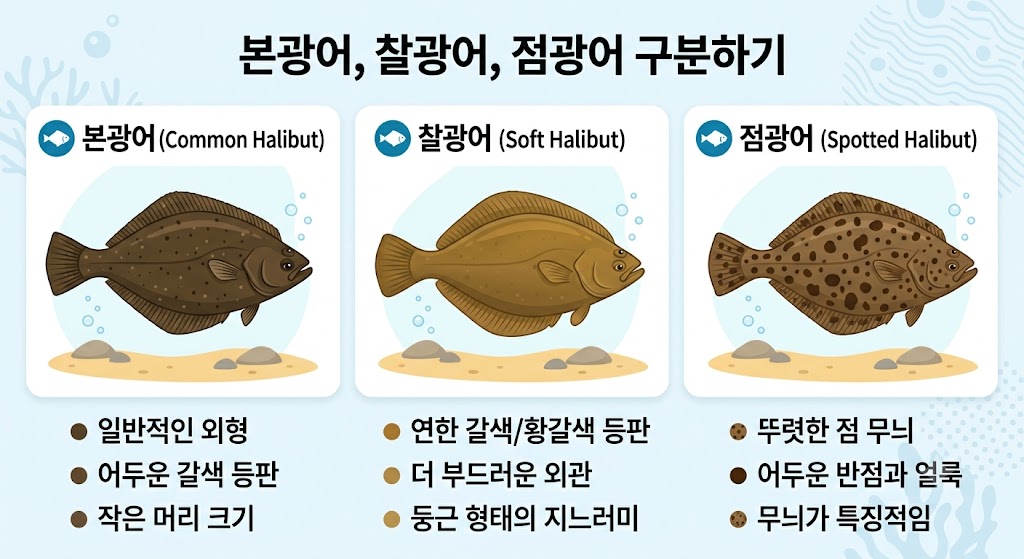 한국의 광어 3종 비교 도감. 왼쪽부터 매끄러운 본광어(넙치), 돌기가 있는 마름모꼴 찰광어(터봇), 등판에 점 5개가 박힌 점광어(점넙치)의 외형 비교 이미지.