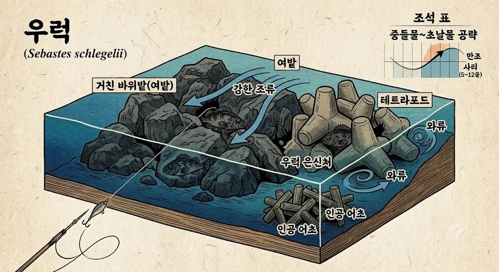 우럭 낚시 포인트를 설명하는 바다 단면도 일러스트. 거친 바위밭(여밭), 테트라포드, 인공 어초가 있는 바다 기저 지형과 강한 조류 및 와류의 흐름을 보여줍니다. 우측 상단에는 사리 기간(5~12물) 중 만조 전후 중들물에서 초날물 시간을 공략하라는 조석 표 그래프가 포함되어 있습니다.