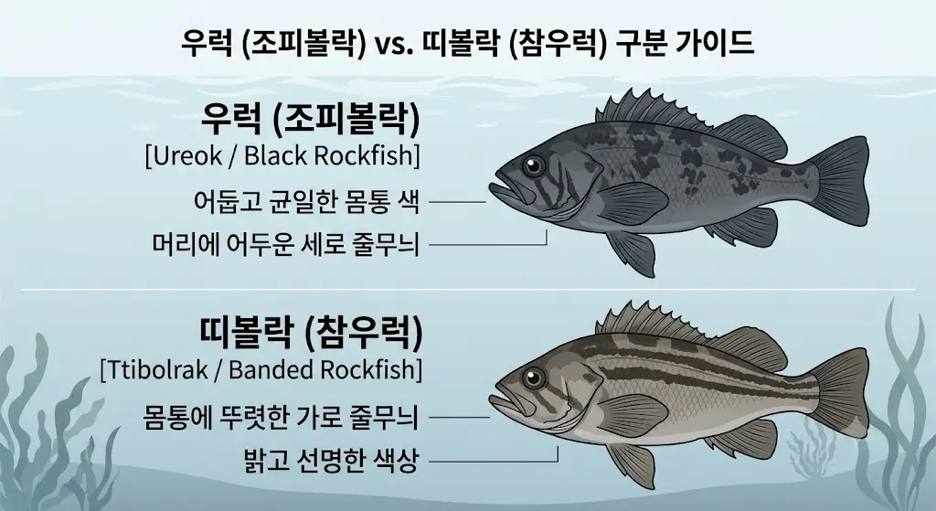우럭(조피볼락)과 띠볼락(참우럭)의 생김새를 비교하는 인포그래픽. 상단에는 어둡고 균일한 몸통 색에 머리에 어두운 세로 줄무늬가 있는 우럭(조피볼락)이 그려져 있고, 하단에는 몸통에 뚜렷한 가로 줄무늬와 밝고 선명한 색상을 가진 띠볼락(참우럭)이 그려져 있어 두 물고기의 외형적 차이를 직관적으로 보여줍니다.