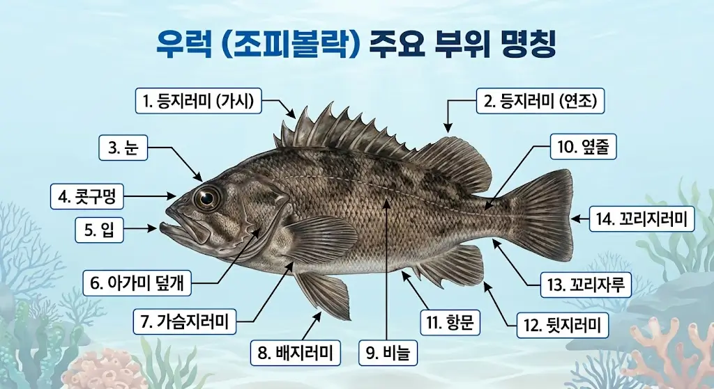 우럭 조피볼락의 등지러미 가시, 아가미 덮개, 옆줄 등 주요 부위 명칭을 번호표로 설명하는 바닷속 배경의 일러스트 도해.