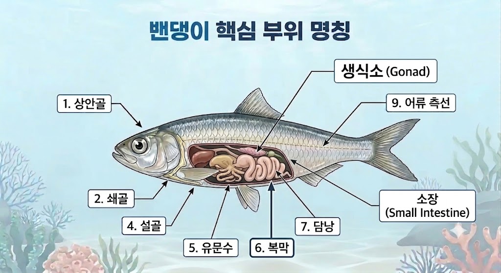 밴댕이의 주요 내장 및 골격 구조가 표시된 해부도
