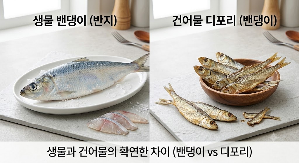 왼쪽에는 얼음 위에 놓인 신선한 생물 밴댕이회, 오른쪽에는 나무 그릇에 담긴 마른 디포리 건어물이 놓여 비교되는 모습