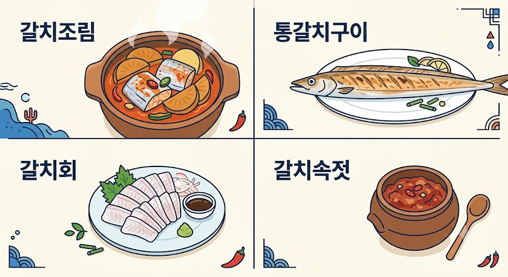 갈치조림, 통갈치구이, 갈치회, 갈치속젓이 직관적인 그림과 아이콘으로 표현된 4분할 인포그래픽