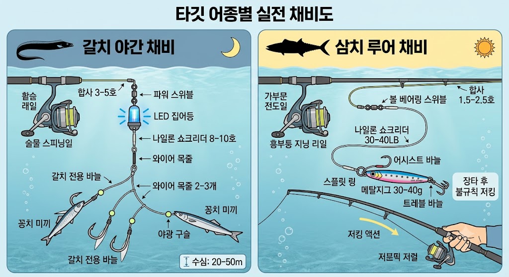 갈치 야간 채비(LED 집어등, 꽁치 미끼)와 삼치 루어 채비(메탈지그, 쇼크리더)를 상세히 설명하는 낚시 인포그래픽.