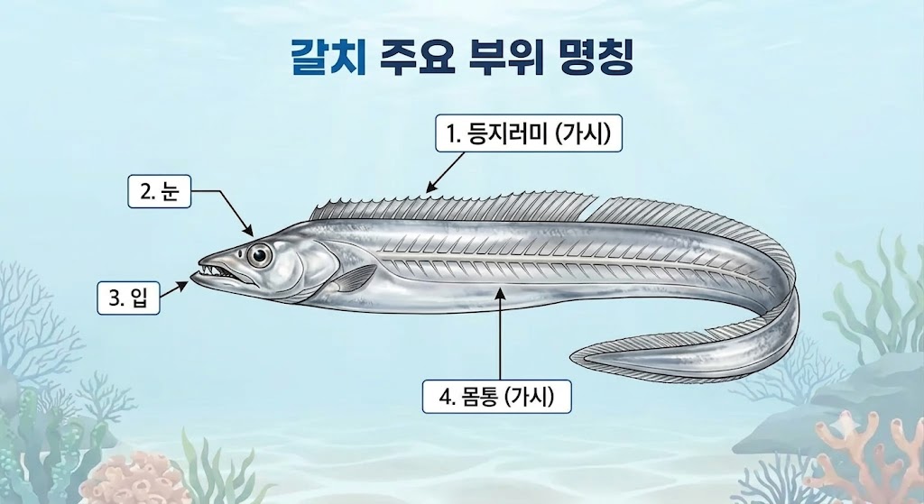 은색 긴 몸통을 가진 갈치의 주요 부위 명칭을 가리키는 교육용 일러스트 이미지