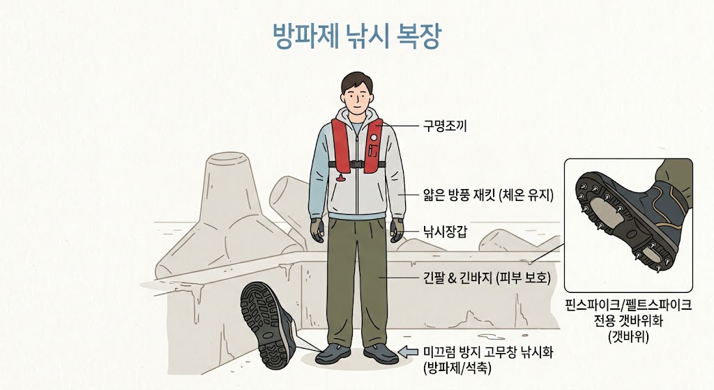 구명조끼, 방풍 재킷, 긴팔·긴바지, 낚시장갑, 미끄럼 방지 고무창 낚시화 및 갯바위 핀스파이크화를 착용한 방파제 낚시 복장 일러스트
