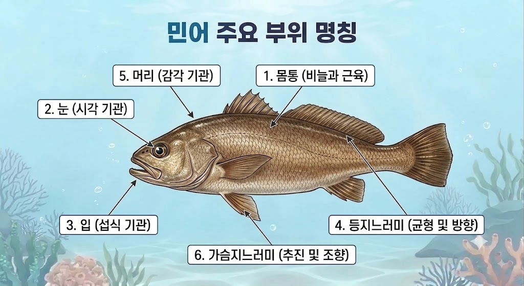 민어의 몸통, 머리, 눈, 입, 등지느러미, 가슴지느러미 등 주요 부위별 명칭과 역할을 나타낸 인포그래픽