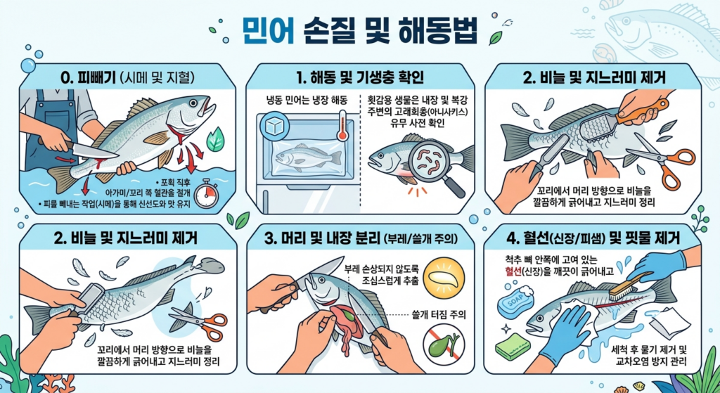 민어의 피빼기부터 해동, 기생충 확인, 비늘 및 내장 제거, 혈선 세척까지의 5단계 손질 과정을 설명하는 인포그래픽