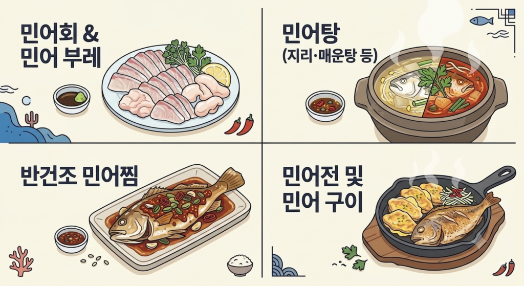 민어회 및 부레, 민어탕, 반건조 민어찜, 민어전 및 구이 4가지 요리가 4등분 화면에 일러스트로 표현된 이미지
