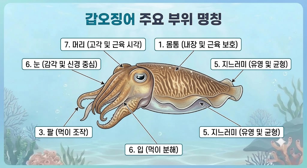 갑오징어의 몸통, 지느러미, 눈, 팔, 입 등 각 부위의 명칭과 기능을 설명하는 인포그래픽 일러스트