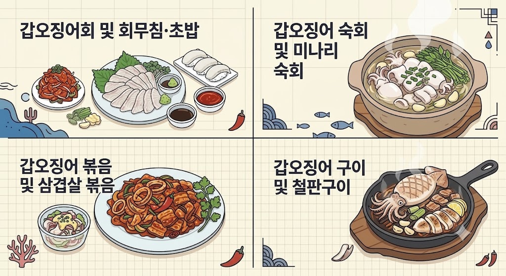 갑오징어 회, 숙회, 볶음, 철판구이 4가지 대표 요리가 구획별로 그려진 음식 일러스트 인포그래픽