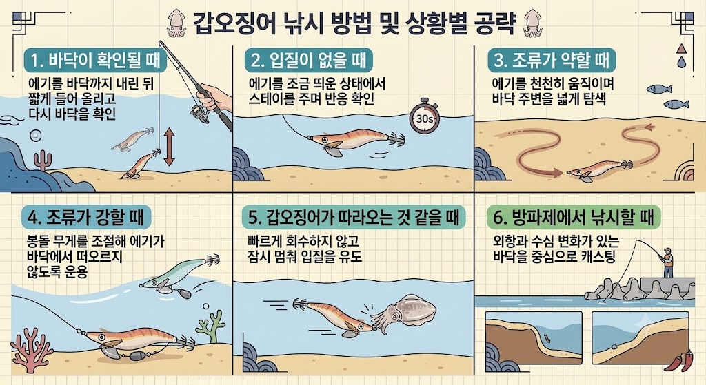 바닥 확인, 조류 변화, 방파제 캐스팅 등 상황별 갑오징어 낚시 운용법 6가지를 설명하는 인포그래픽 일러스트