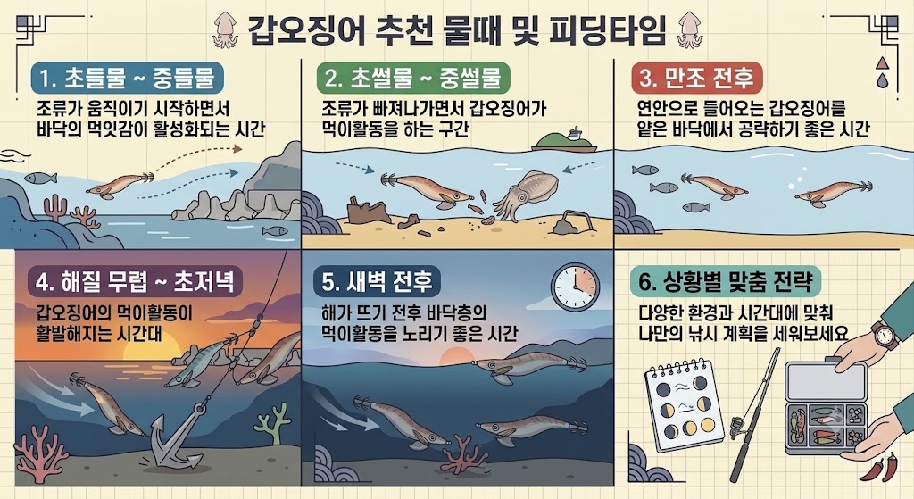들물, 썰물, 만조, 해질녘, 새벽 등 물때에 따른 갑오징어 낚시 포인트와 시간대를 설명하는 인포그래픽 일러스트