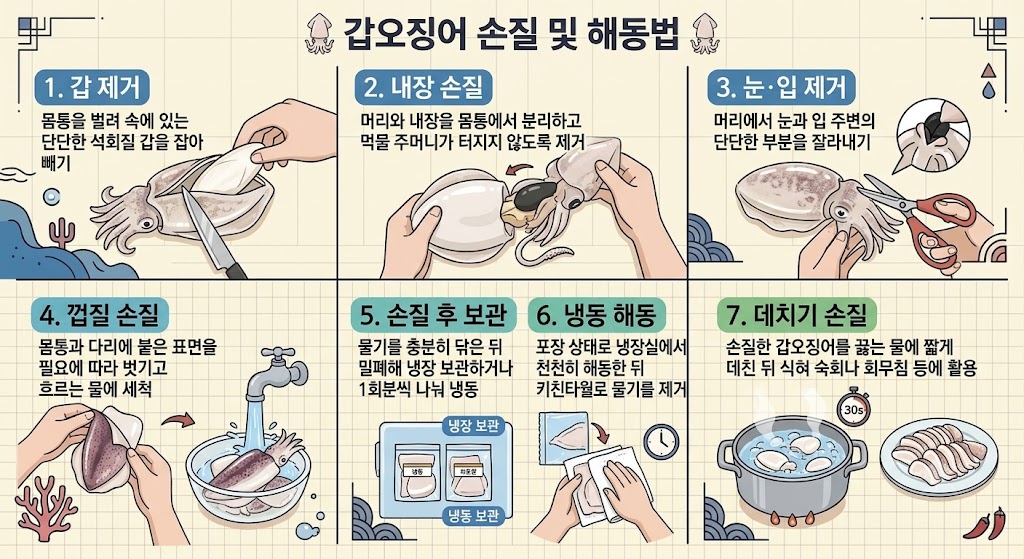 갑 제거부터 내장·눈·입 제거, 껍질 세척, 보관, 해동, 데치기까지 갑오징어 손질 7단계를 설명하는 인포그래픽 일러스트