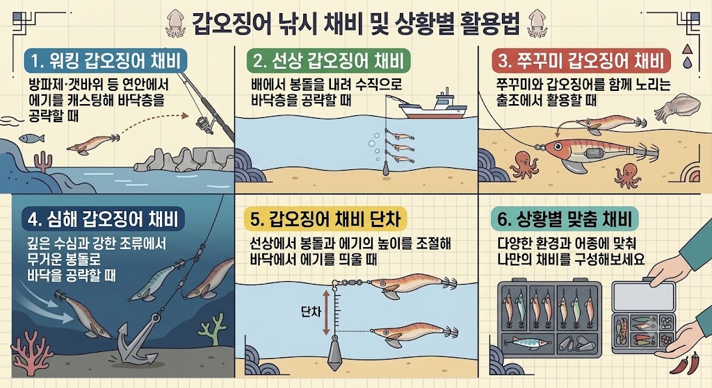 워킹, 선상, 쭈꾸미 병행, 심해 채비 및 단차 조절법 등 상황별 갑오징어 낚시 채비 구성 6가지를 설명하는 인포그래픽 일러스트