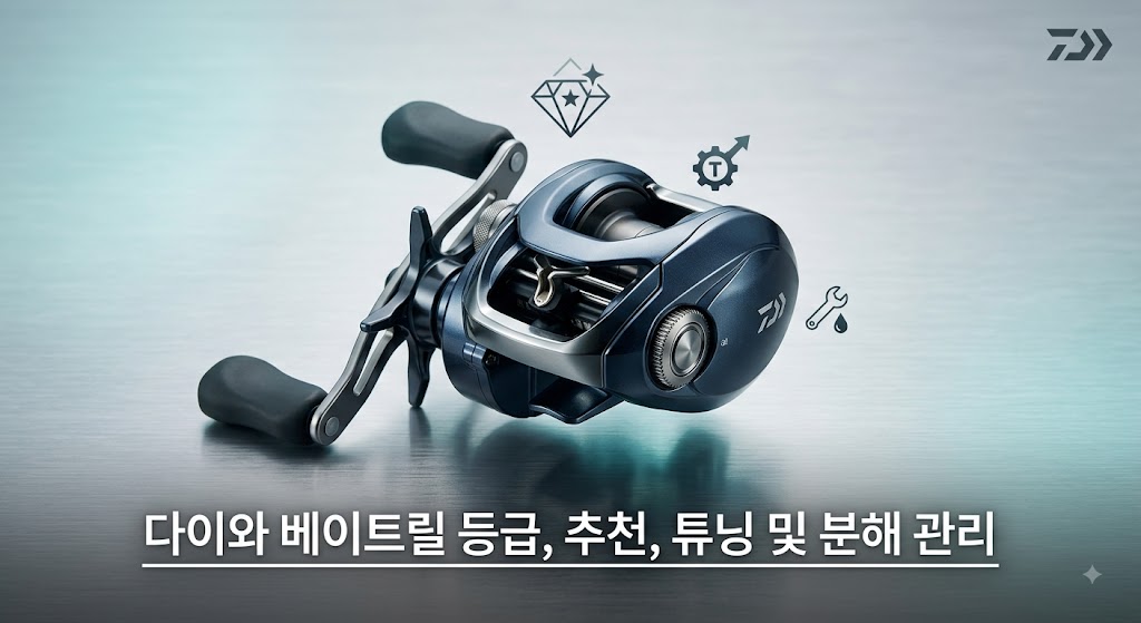 다이와 베이트릴의 등급별 추천, 튜닝 및 분해 관리 방법을 설명하는 대표 이미지