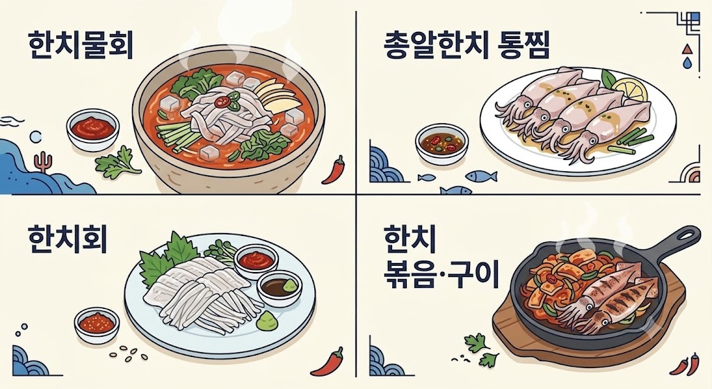 한치물회, 한치회, 총알한치 통찜, 한치 볶음·구이가 4등분 칸에 일러스트로 그려진 이미지