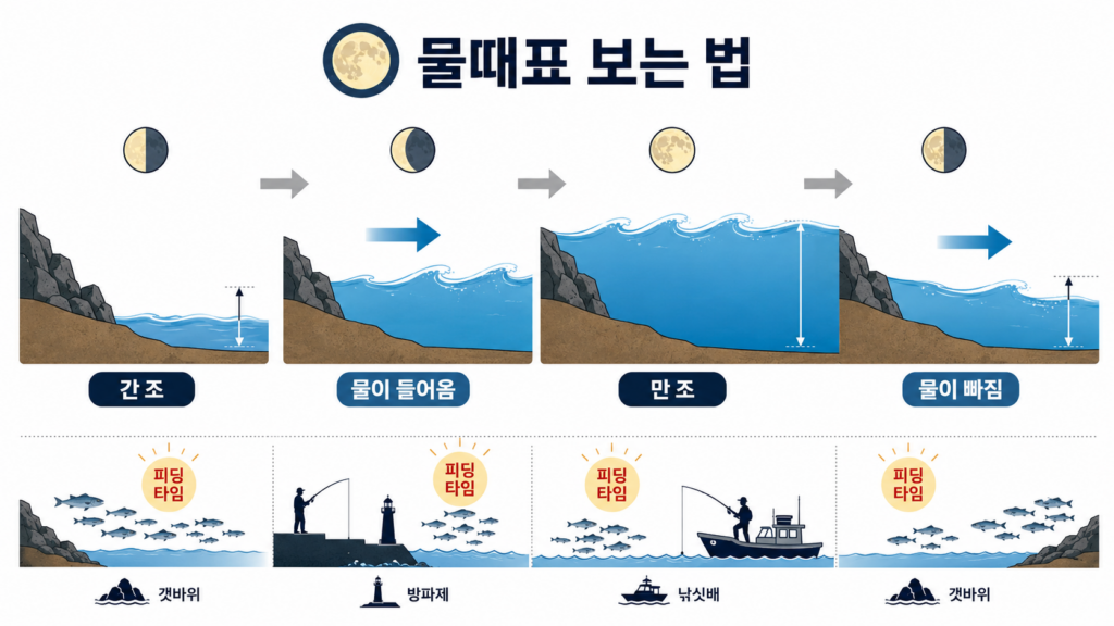 달의 움직임과 조수 변화에 따른 간조, 들물, 만조, 날물 흐름 및 포인트별 낚시 피딩 타임을 나타낸 인포그래픽