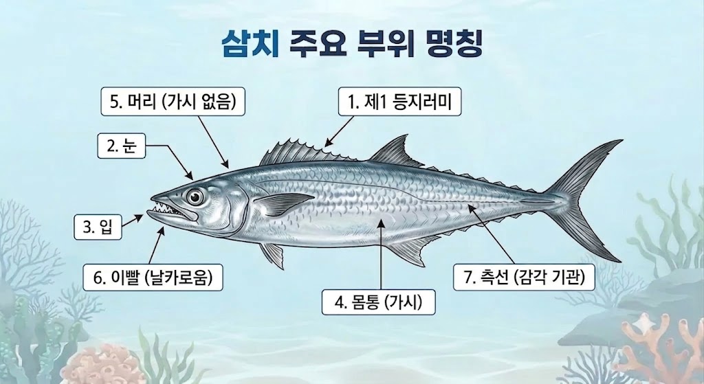 머리, 지러미, 측선, 이빨 등 각 부위가 한글로 라벨링된 삼치의 세부 해부학적 구조 일러스트