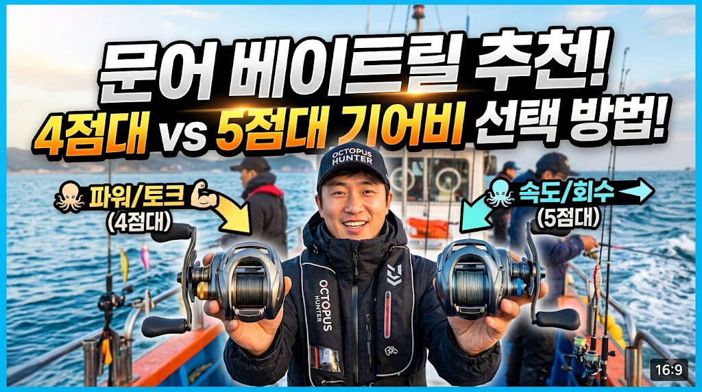 선상에서 낚시꾼이 4점대와 5점대 베이트릴을 들고 기어비 차이를 비교하는 이미지