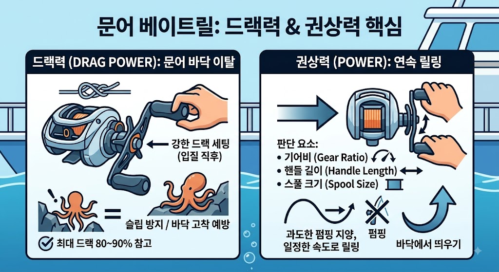 강한 드랙 세팅과 일정한 릴링을 통한 문어 베이트릴 드랙력 및 권상력 핵심 안내 그래픽