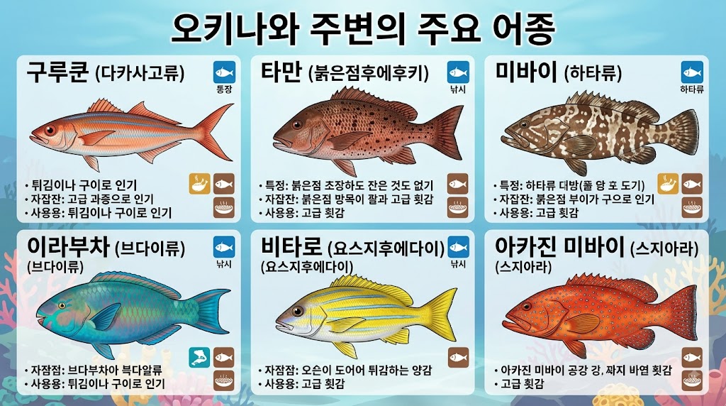 구루쿤, 타만, 미바이, 이라부차, 비타로, 아카진 미바이가 정돈된 오키나와 주요 어종 일러스트