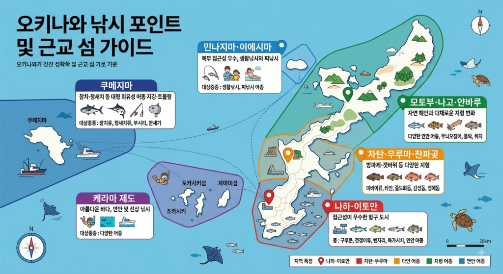 오키나와 본섬과 근교 섬의 주요 낚시 포인트, 지역별 특징 및 대상 어종을 나타낸 인포그래픽 지도