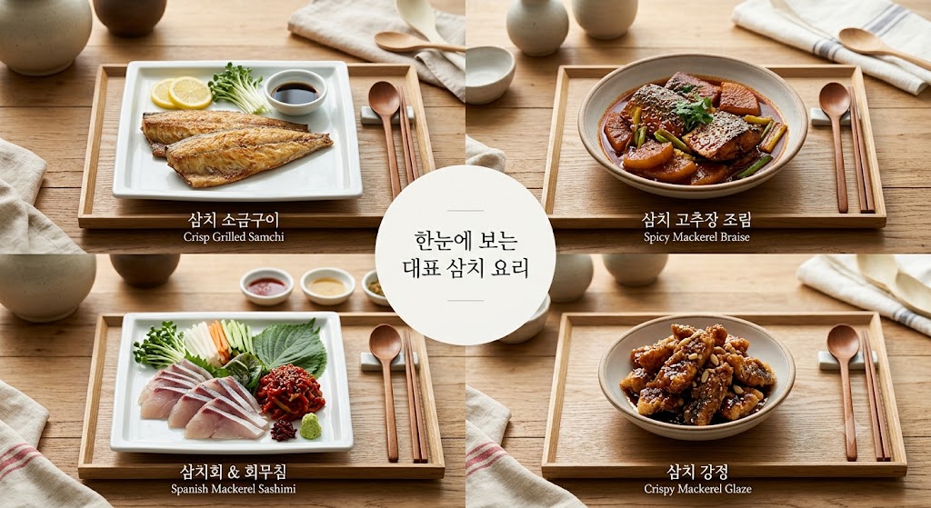 삼치 소금구이, 삼치 고추장 조림, 삼치회와 회무침, 삼치 강정이 깔끔한 목재 트레이에 차려진 4분할 대표 삼치 요리 이미지