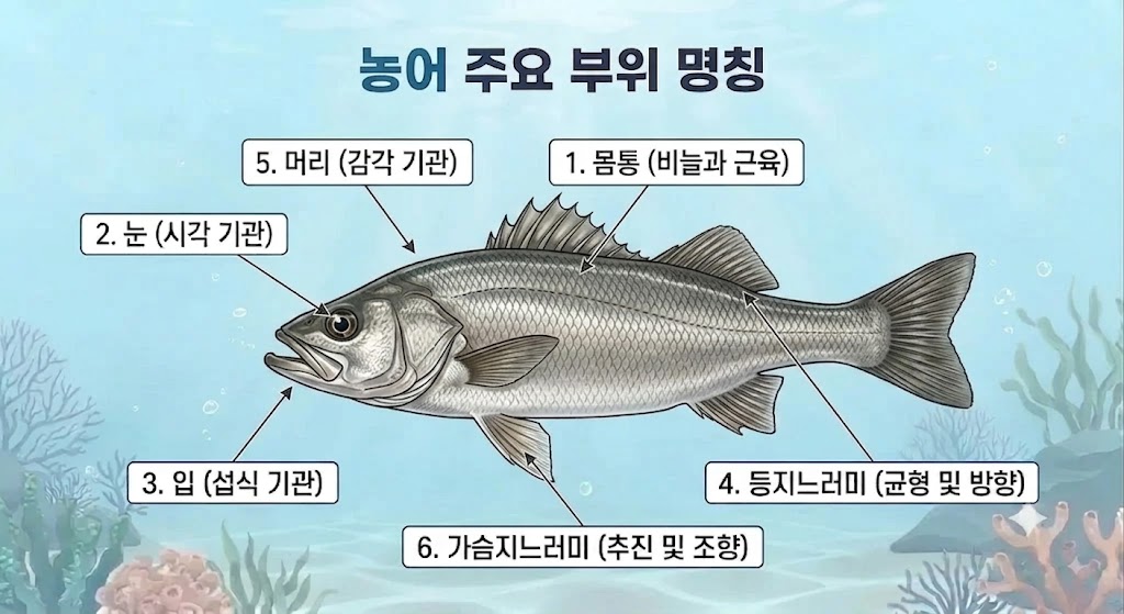 농어의 몸통, 눈, 입, 등지느러미, 머리, 가슴지느러미 등 주요 부위 명칭과 기능을 설명하는 인포그래픽 이미지