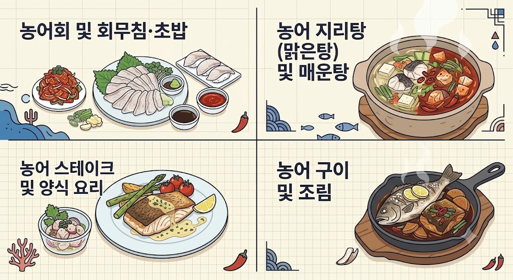 농어회·초밥, 농어 지리탕·매운탕, 농어 스테이크, 농어 구이·조림의 4가지 요리를 소개하는 4분할 일러스트