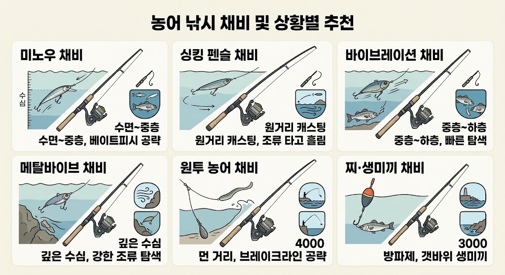 미노우, 싱킹 펜슬, 바이브레이션, 메탈바이브, 원투, 찌·생미끼 등 6가지 농어 낚시 채비법과 공략 수심층을 수중 다이어그램으로 나타낸 인포그래픽
