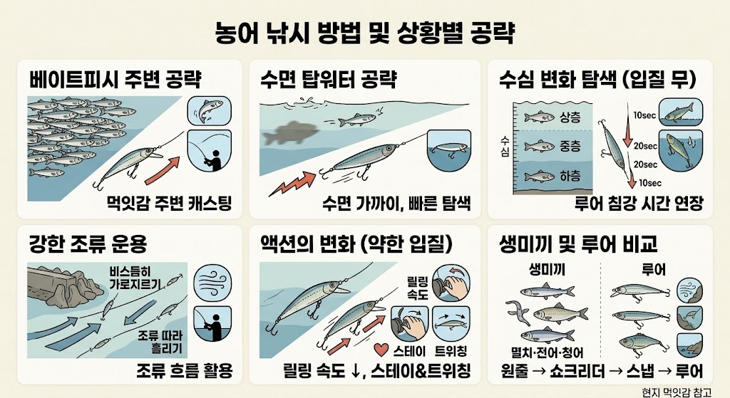 베이트피시 주변 공략, 수면 탐색, 수심 변화 탐색, 강한 조류 운용, 액션 변화, 생미끼 및 루어 비교 등 6가지 농어 낚시 기술을 보여주는 인포그래픽