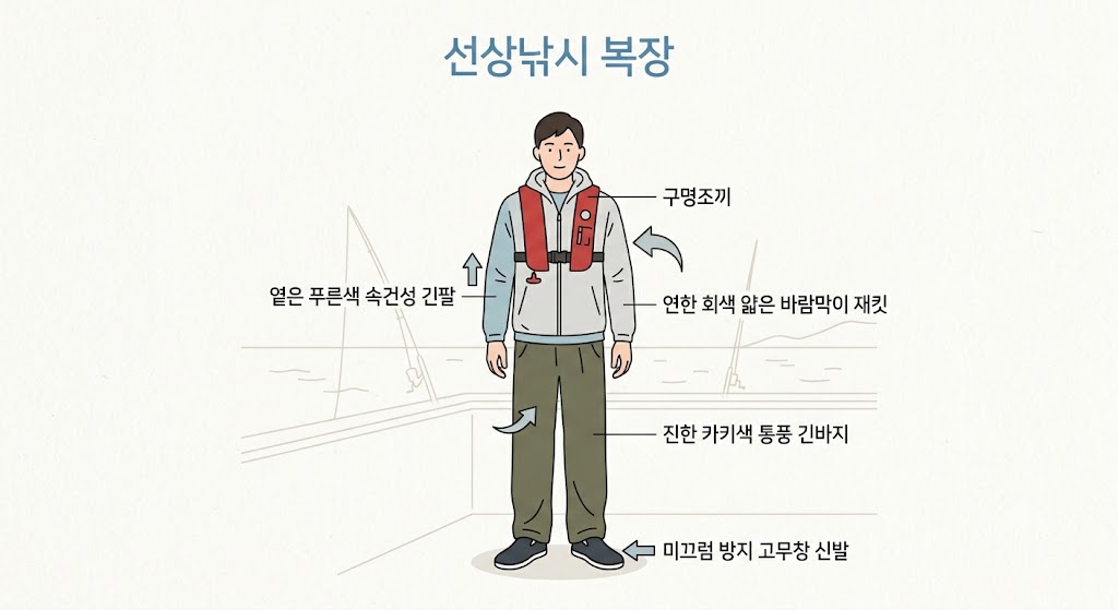 얇은 바람막이, 기능성 긴팔, 통풍 긴바지, 구명조끼, 미끄럼 방지 신발을 착용한 선상낚시 복장 일러스트