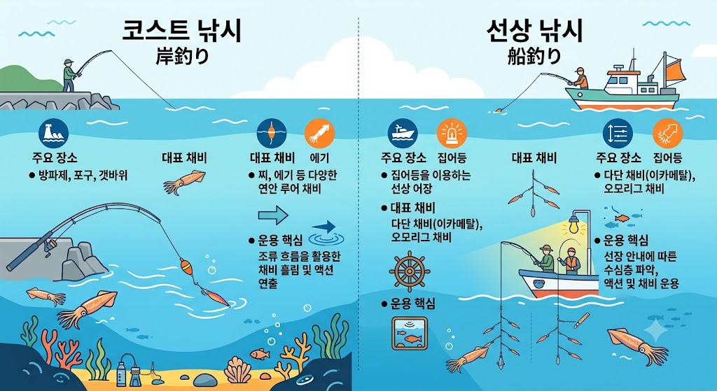 방파제·포구 연안 낚시와 집어등을 활용하는 선상 낚시의 주요 장소, 대표 채비, 운용 핵심을 비교한 인포그래픽