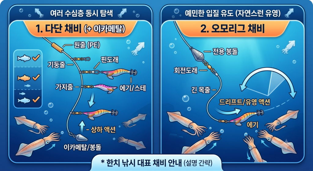 다단 채비와 오모리그 채비의 주요 구성 요소 및 운용 방식을 비교한 한치 낚시 인포그래픽