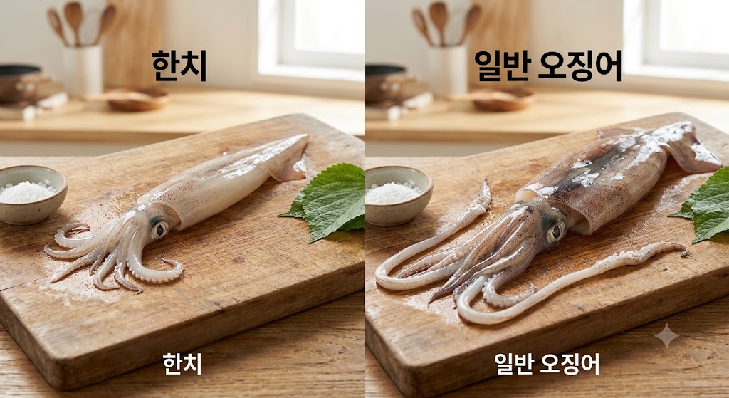 가늘고 긴 몸통에 짧은 다리를 가진 한치와 굵은 몸통에 긴 다리를 가진 일반 오징어 비교 이미지
