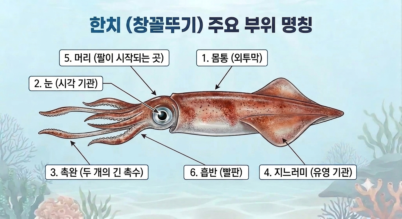한치의 외형과 함께 몸통, 지느러미, 머리, 촉완 등 주요 부위의 명칭을 화살표로 표기한 인포그래픽 이미지