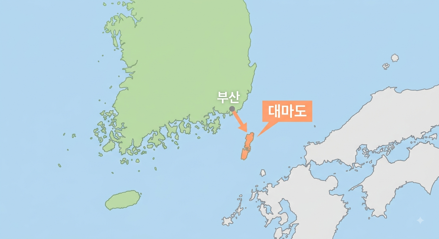 부산에서 대마도로 이어지는 위치가 표시된 지도 이미지