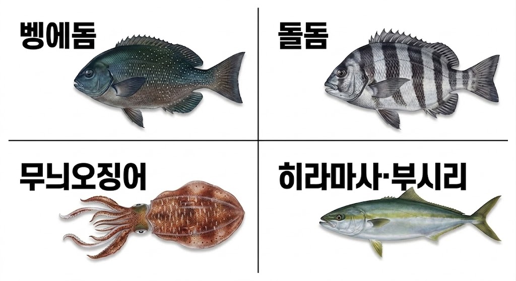 대마도 대표 낚시 어종인 벵에돔, 돌돔, 무늬오징어, 히라마사·부시리의 모습과 이름이 4분할로 표시된 이미지
