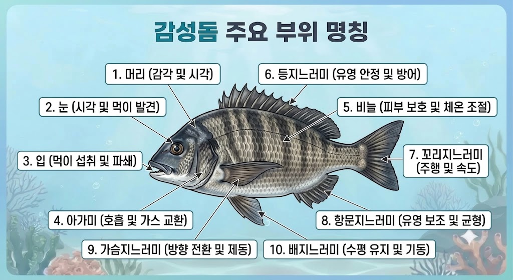 바닷속 배경에 그려진 감성돔의 외형과 머리, 눈, 입, 아가미, 비늘, 각종 지느러미 등 주요 부위 명칭 및 설명이 표시된 해부도 이미지