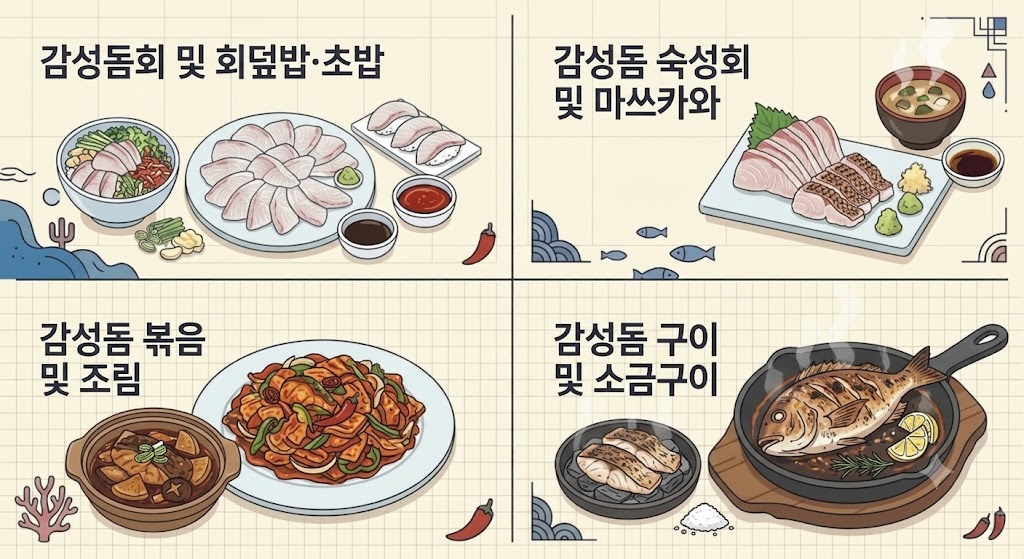 감성돔회·회덮밥·초밥, 숙성회·마쓰카와, 볶음·조림, 구이·소금구이 등 감성돔을 활용한 4가지 요리 메뉴가 4분할 일러스트로 정리된 이미지